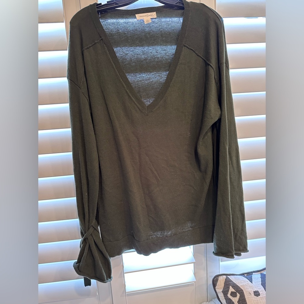 olive green cotton blend oversize sweater with deep V